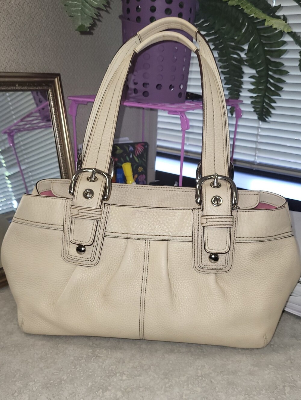 COACH Soho Pleated Cream Leather Shoulder Bag Tote F13732 Y2K Pink Lining